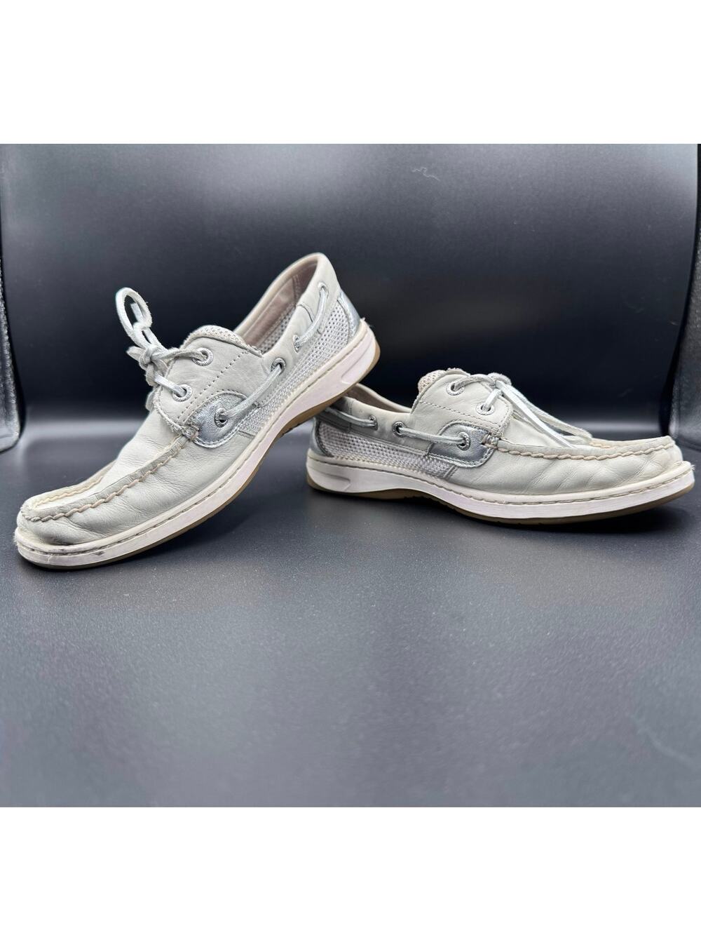 Sperry Top-Sider Angelfish Boat Shoes Womens ? Metallic Silver/Off White Loafers